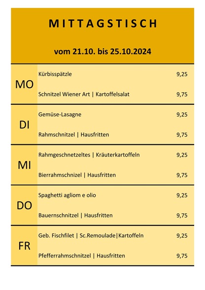 Mittagstisch vom 21. bis 25. Oktober 2024