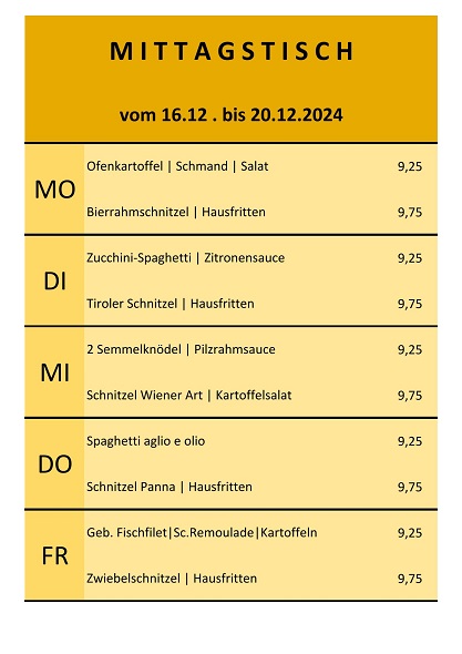 Mittagstisch 16. bis 20. Dezember 2024