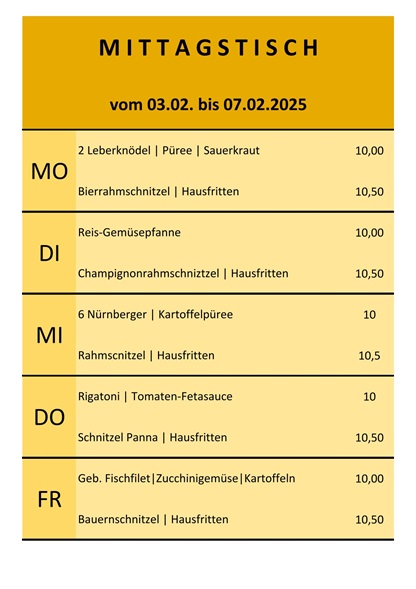 Mittagsangebot vom 03. bis 07. Februar 2025