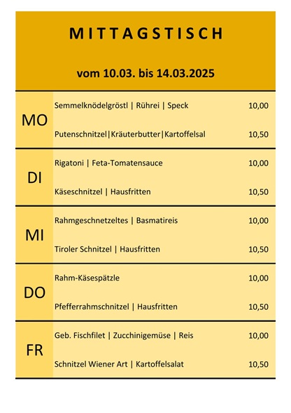 Mittagsschnapperl vom 10. bis 14. März 2025