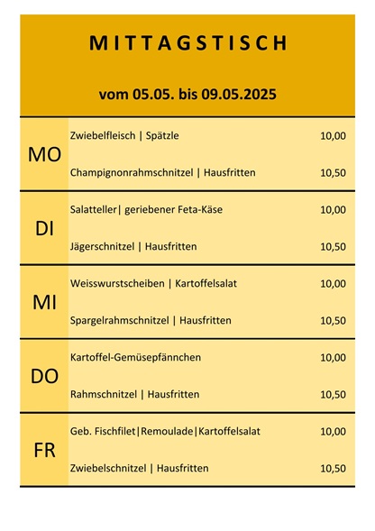 Mittagsschnapperl vom 05. bis 09. Mai 2025