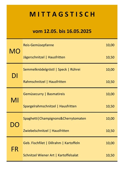 Mittagstisch vom 12. bis 16. Mai 2025