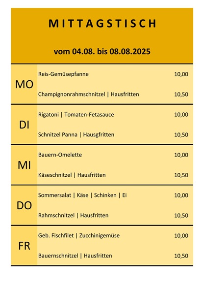 Mittagstisch vom 04. bis 08. August 2025