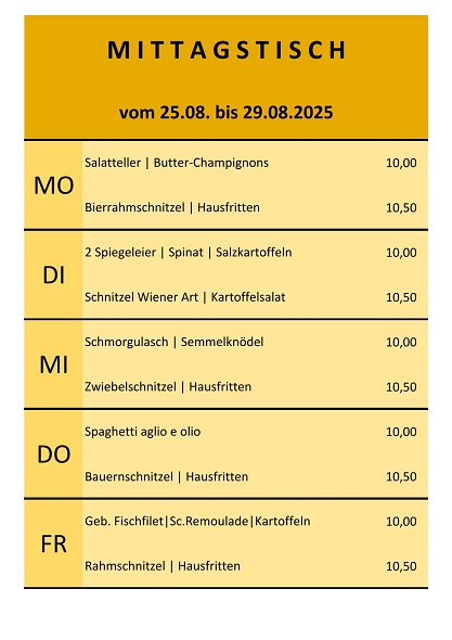 Mittagstisch vom 25. bis 29. August 2025