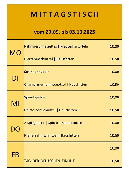 Mittagstisch vom 29.09. bis 03.10.2025