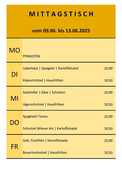 Mittagstisch vom 09. bis 13. Juni 2025