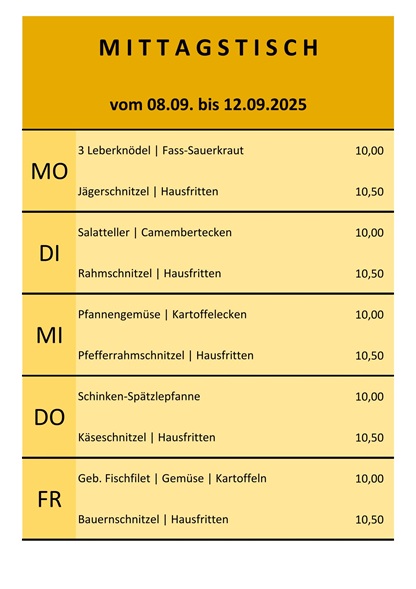 Mittagsschnapperl vom 08. bis 12. Sepztember 2025