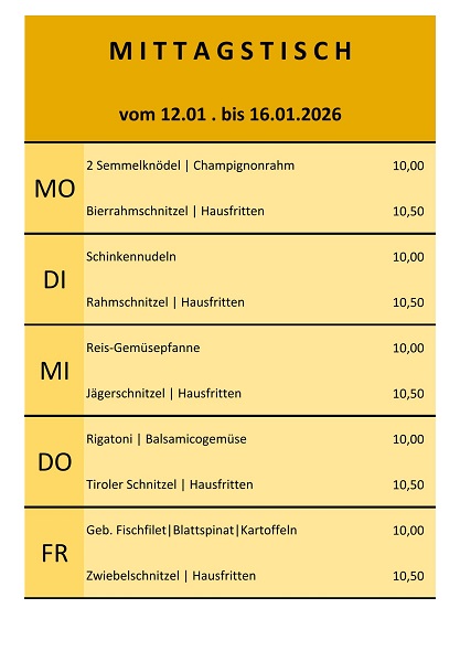 Mittagstisch vom 12. bis 16. Januar 2026