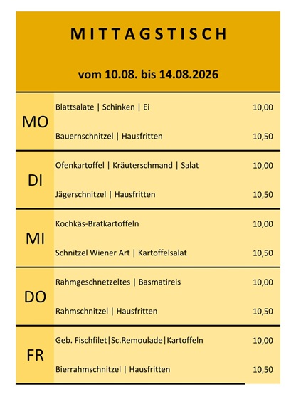 Mittagsangebot vom 10. bis 14.August 2026