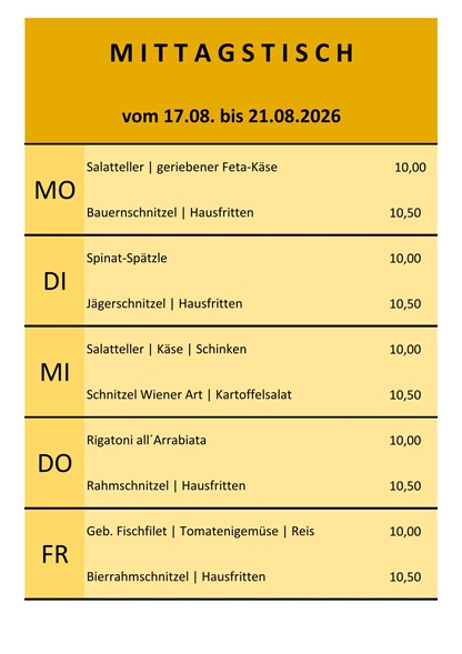 Mittagstisch vom 17. bis 21. August 2026