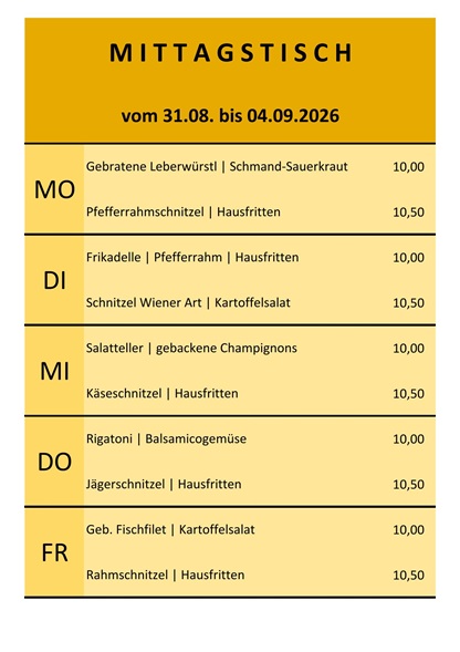 Mittagstisch vom 31.08. bis 04.09.2026